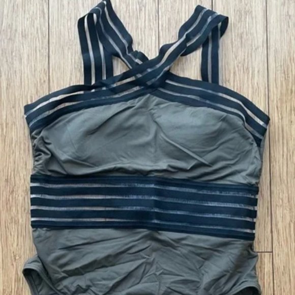 Kenneth Cole Olive Green and Black Cross Neck Cut Out Halter Swimsuit - Picture 1 of 6